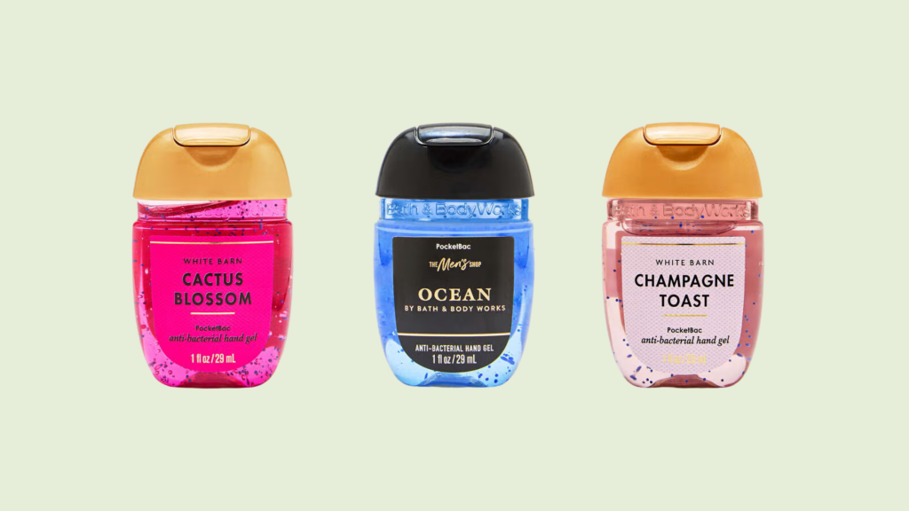 Álcool em gel PocketBac da Bath & Body Works nas fragrâncias Cactus Blossom, Ocean e Champagne Toast.