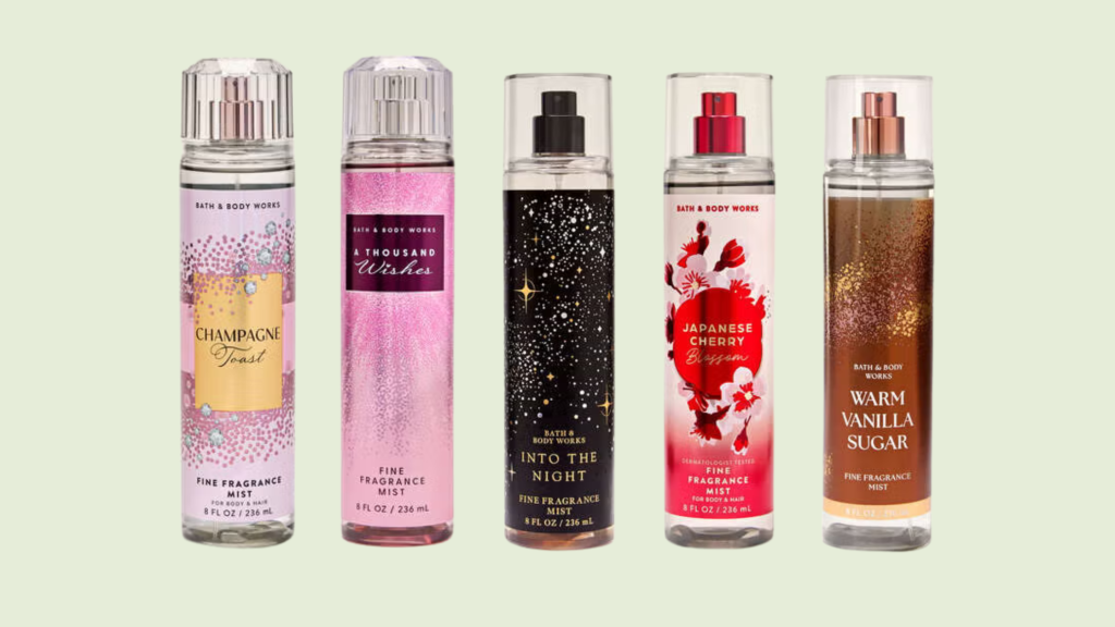 Coleção de body splashes Bath & Body Works incluindo Champagne Toast, A Thousand Wishes, Into The Night, In The Stars, Japanese Cherry Blossom e Warm Vanilla Sugar.