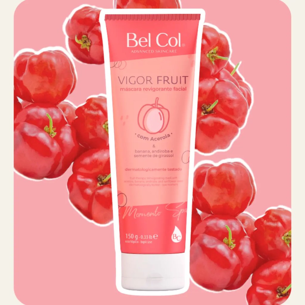 Máscara facial profissional Vigor Fruit Bel Col com acerola, utilizada após a limpeza de pele para promover hidratação intensa, melhorar a aparência dos poros e revitalizar a pele.