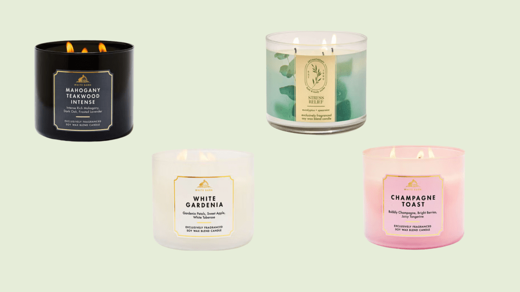 Coleção de velas aromáticas Bath & Body Works 3-Wick com as fragrâncias Mahogany Teakwood Intense, Eucalyptus Spearmint Stress Relief, White Gardenia e Champagne Toast.